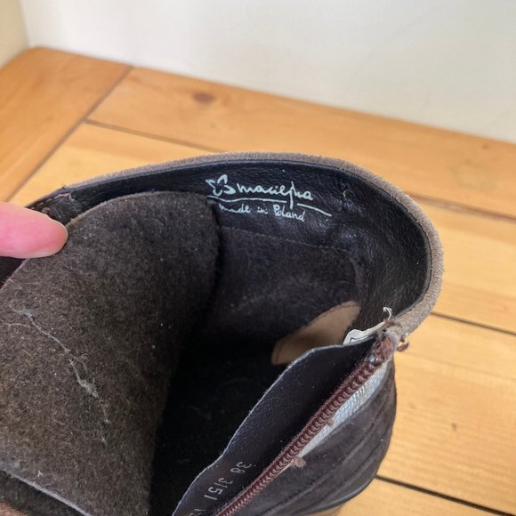 Maciejka Brown Leather Ankle Boots Fleece Lining Side Zip Patchwork Look - Picture 7 of 9